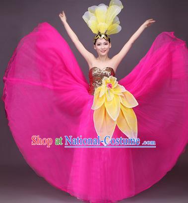 Traditional Chinese Modern Dance Performance Costume, China Opening Dance Full Dress, Classical Dance Big Swing Pink Dress for Women