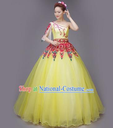 Traditional Chinese Modern Dance Compere Performance Costume, China Opening Dance Full Dress, Classical Dance Big Swing Yellow Veil Dress for Women