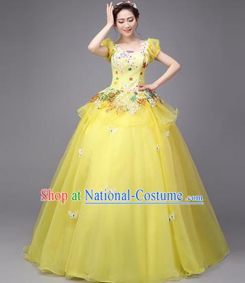 Traditional Chinese Modern Dance Compere Performance Costume, China Opening Dance Chorus Full Dress, Classical Dance Big Swing Yellow Veil Bubble Dress for Women