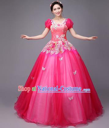 Traditional Chinese Modern Dance Compere Performance Costume, China Opening Dance Chorus Full Dress, Classical Dance Big Swing Rosy Veil Bubble Dress for Women