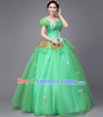 Traditional Chinese Modern Dance Compere Performance Costume, China Opening Dance Chorus Full Dress, Classical Dance Big Swing Green Veil Bubble Dress for Women