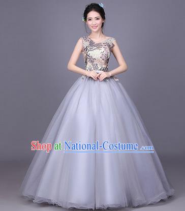 Traditional Chinese Modern Dance Compere Performance Costume, China Opening Dance Chorus Full Dress, Classical Dance Big Swing Grey Veil Bubble Dress for Women