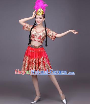 Traditional Chinese Uyghur Nationality Dancing Costume, Folk Dance Ethnic Costume, Chinese Minority Nationality Uigurian Dance Red Short Dress for Women