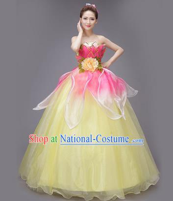 Traditional Chinese Modern Dance Compere Performance Costume, China Opening Dance Chorus Full Dress, Classical Lotus Dance Big Swing Yellow Veil Bubble Dress for Women