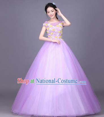 Traditional Chinese Modern Dance Compere Performance Costume, China Opening Dance Chorus Full Dress, Classical Dance Big Swing Purple Bubble Dress for Women