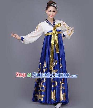 Traditional Korean Nationality Dance Costume, Chinese Minority Nationality Embroidery Hanbok Blue Big Swing Dress for Women