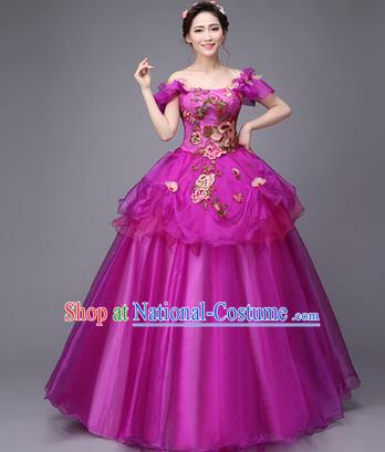 Traditional Chinese Modern Dance Compere Performance Costume, China Opening Dance Chorus Full Dress, Classical Dance Big Swing Purple Dress for Women