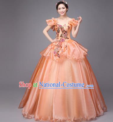 Traditional Chinese Modern Dance Compere Performance Costume, China Opening Dance Chorus Full Dress, Classical Dance Big Swing Orange Dress for Women