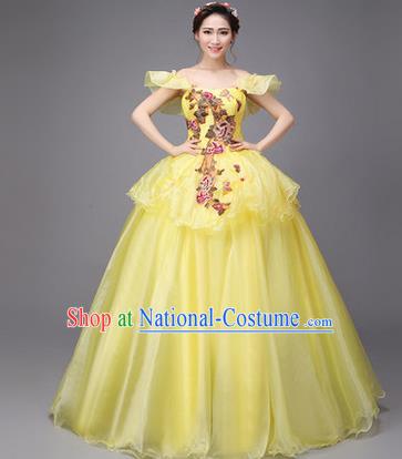 Traditional Chinese Modern Dance Compere Performance Costume, China Opening Dance Chorus Full Dress, Classical Dance Big Swing Yellow Dress for Women