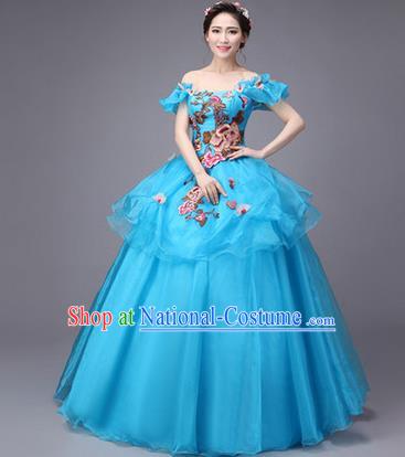 Traditional Chinese Modern Dance Compere Performance Costume, China Opening Dance Chorus Full Dress, Classical Dance Big Swing Blue Dress for Women