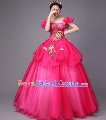 Traditional Chinese Modern Dance Compere Performance Costume, China Opening Dance Chorus Full Dress, Classical Dance Big Swing Rosy Dress for Women