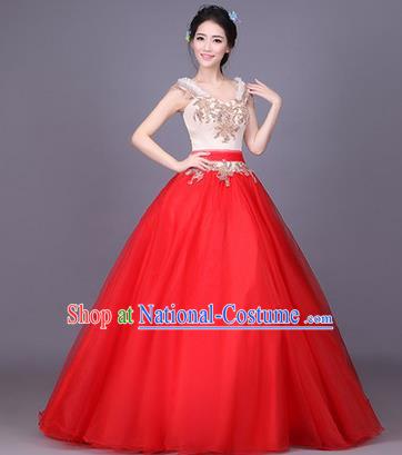 Traditional Chinese Modern Dance Compere Performance Costume, China Opening Dance Chorus Bride Wedding Full Dress, Classical Dance Big Swing Red Dress for Women