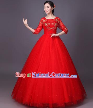 Traditional Chinese Modern Dance Compere Performance Costume, China Opening Dance Chorus Bride Wedding Red Full Dress, Classical Dance Big Swing Bubble Dress for Women