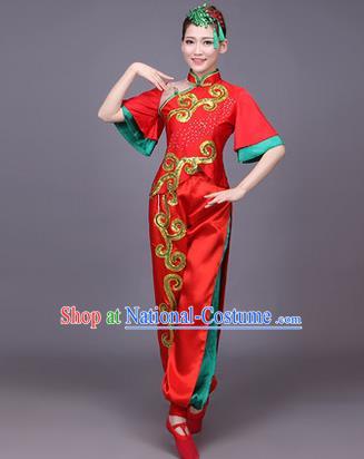 Traditional Chinese Yangge Fan Dancing Costume, Folk Dance Yangko Uniform Drum Dance Red Clothing for Women