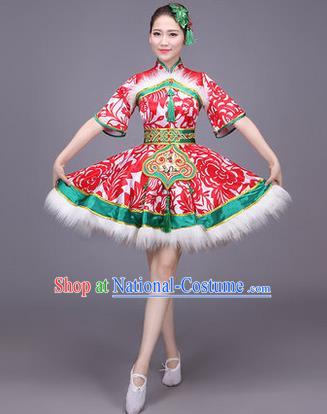 Traditional Chinese Yangge Fan Dancing Costume, Folk Dance Yangko Uniform Drum Dance Red Paper-cut Dress for Women