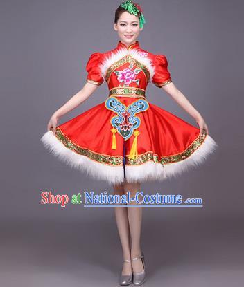 Traditional Chinese Yangge Fan Dancing Costume, Folk Dance Yangko Uniform Drum Dance Red Dress for Women