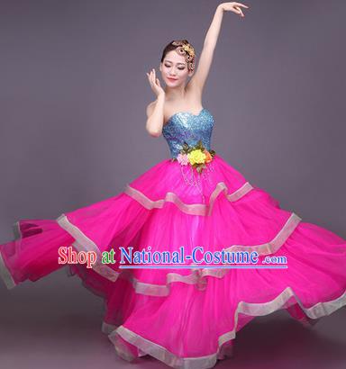 Traditional Chinese Modern Dance Compere Performance Costume, China Opening Dance Chorus Big Swing Full Dress, Classical Dance Layered Dress for Women