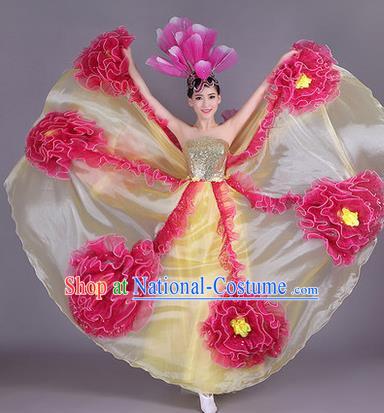 Traditional Chinese Modern Dance Compere Performance Costume, China Opening Dance Chorus Big Swing Flowers Full Dress, Classical Dance Yellow Dress for Women