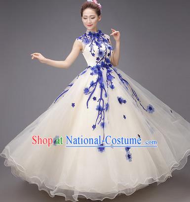 Traditional Chinese Modern Dance Compere Performance Costume, China Opening Dance Chorus Big Swing Full Dress, Classical Dance Blue Plum Blossom Dress for Women