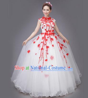 Traditional Chinese Modern Dance Compere Performance Costume, China Opening Dance Chorus Big Swing Full Dress, Classical Dance Red Plum Blossom Dress for Women