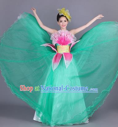 Traditional Chinese Modern Dance Compere Performance Costume, China Opening Dance Chorus Big Swing Full Dress, Classical Lotus Dance Green Dress for Women