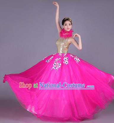 Traditional Chinese Modern Dance Performance Costume, China Opening Dance Clothing, Classical Dance Pink Bubble Dress for Women