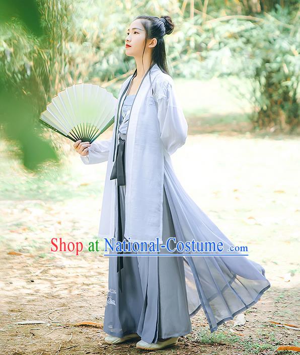 Traditional Chinese Song Dynasty Young Lady Embroidery Costume, Elegant Hanfu Clothing Blouse and Pants Suspenders Complete Set, Chinese Ancient Dress for Women