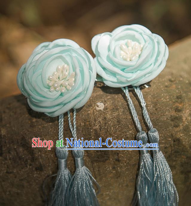 Traditional Chinese Ancient Wedding Hair Accessories, China Hanfu Blue Flowers Tassel Hairpins for Women