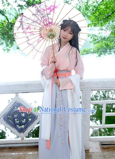 Traditional Chinese Tang Dynasty Palace Princess Embroidered Flowers Hanfu White Wide Wearing Silks for Women