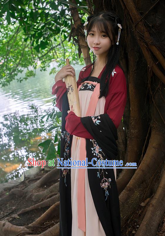 Traditional Chinese Tang Dynasty Palace Princess Embroidered Flowers Hanfu Black Wide Wearing Silks for Women