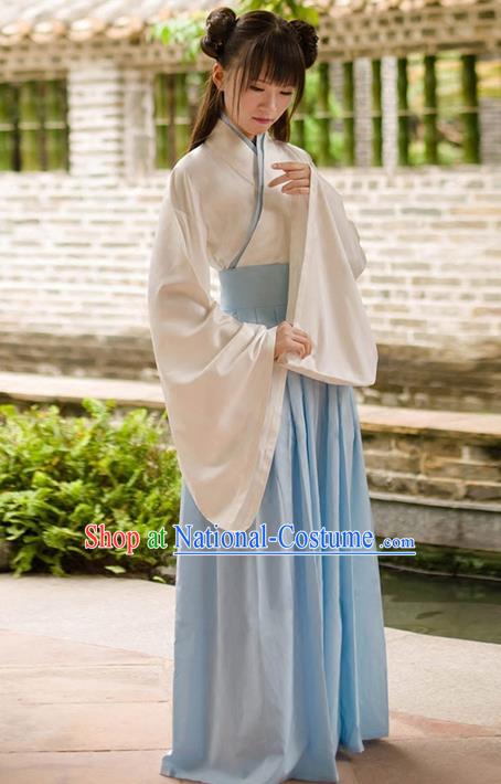 Traditional Chinese Han Dynasty Palace Princess Costume, Elegant Hanfu Clothing Light Blue Middle-Skirt, Chinese Ancient Princess Clothing for Women