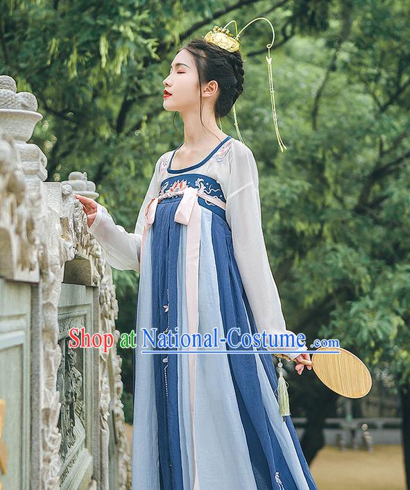 Traditional Chinese Tang Dynasty Palace Princess Costume, Elegant Hanfu Clothing Embroidered Blue Dress, Chinese Ancient Princess Clothing for Women