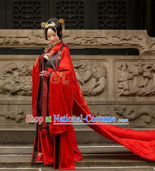 Traditional Chinese Han Dynasty Palace Empress Wedding Costume Complete Set, Elegant Hanfu Clothing Bride Embroidered Dress, Chinese Ancient Queen Clothing for Women