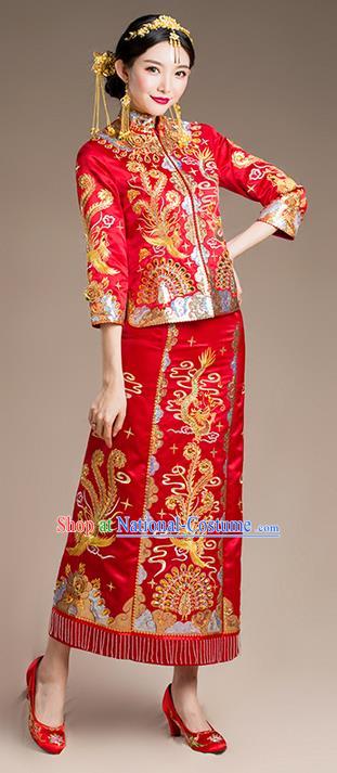 Traditional Chinese Wedding Costume Xiuhe Suits Wedding Bride Slim Dress, Ancient Chinese Toast Dress Embroidered Dragon and Phoenix Clothing Longfeng Flown for Women