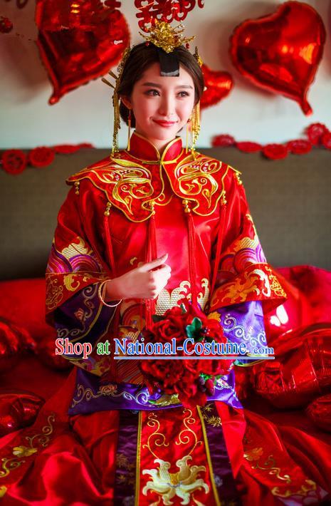 Traditional Chinese Wedding Costume Xiuhe Suits Wedding Bride Red Suit, Ancient Chinese Toast Dress Hand Embroidered Clothing Longfeng Flown for Women