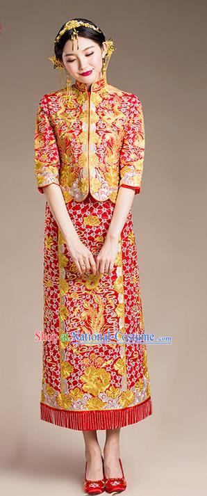 Traditional Chinese Wedding Costume Xiuhe Suits Wedding Slim Red Suit, Ancient Chinese Bride Toast Dress Hand Embroidered Clothing Longfeng Flown for Women