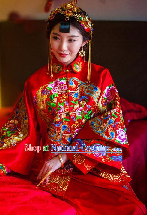 Traditional Chinese Wedding Costume Xiuhe Suits Wedding Red Suit, Ancient Chinese Bride Toast Dress Hand Embroidered Peony Phoenix Clothing Longfeng Flown for Women