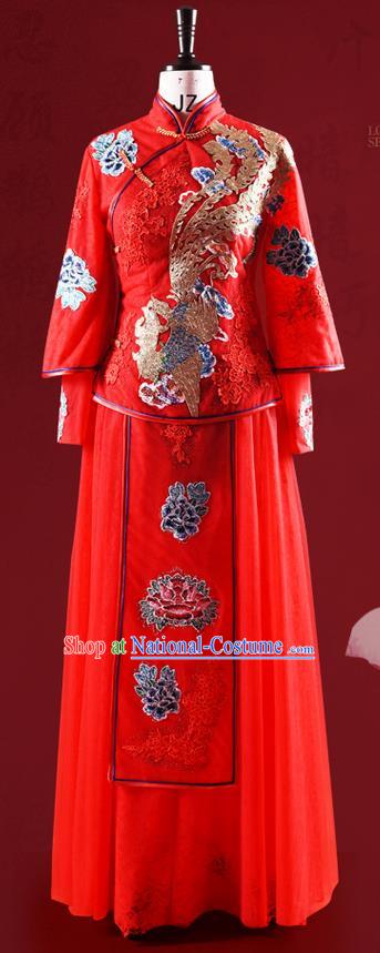 Traditional Chinese Wedding Costume XiuHe Suit Clothing Dragon and Phoenix Flown, Ancient Chinese Bride Embroidered Lace Cheongsam Dress for Women