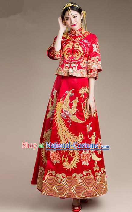 Traditional Chinese Wedding Costume and Headpiece Complete Set, Traditional Xiuhe Suits Wedding Bride Dress, Ancient Chinese Toast Dress Embroidered Peony Dragon and Phoenix Clothing for Women