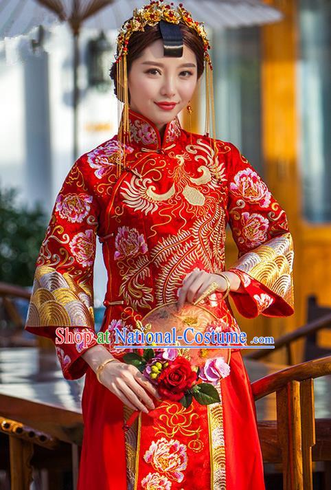 Traditional Chinese Wedding Costume Xiuhe Suits Wedding Red Suit, Ancient Chinese Bride Toast Dress Hand Embroidered Clothing Longfeng Flown for Women