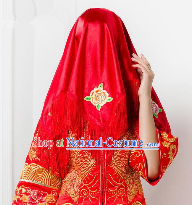 Traditional Chinese Wedding Costume Xiuhe Red Veil, Ancient Chinese Bride Embroidered Red Head Cover for Women