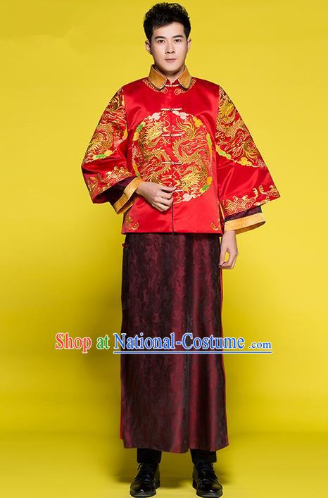 Traditional Chinese Wedding Costume Tang Suits Wedding Red Clothing, Ancient Chinese Bridegroom Toast Long Flown for Men