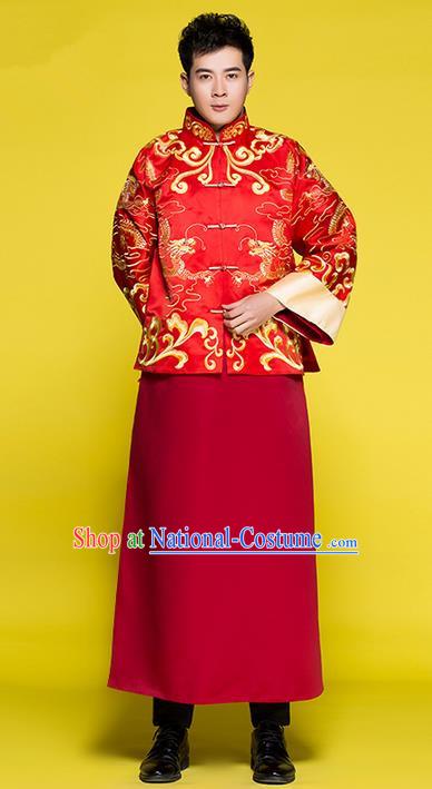 Traditional Chinese Wedding Costume Tang Suits Wedding Red Clothing, Ancient Chinese Bridegroom Toast Embroidered Long Flown for Men