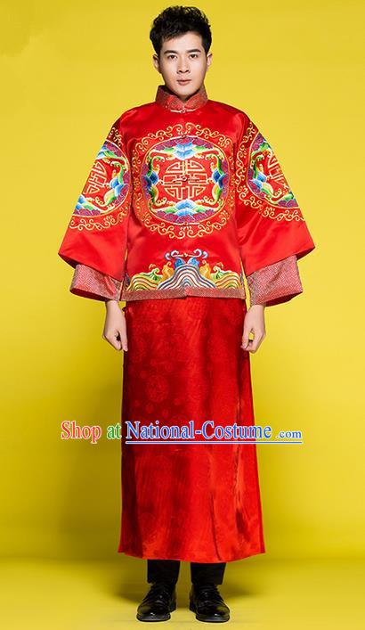 Traditional Chinese Wedding Costume Tang Suits Xiuhe Wedding Red Clothing, Ancient Chinese Bridegroom Toast Embroidered Long Robes for Men