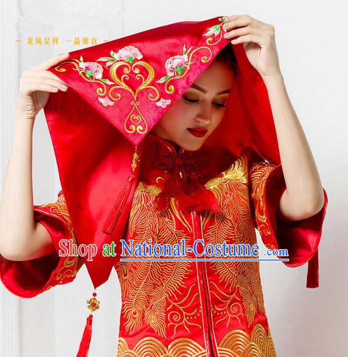 Traditional Chinese Wedding Costume Xiuhe Red Veil, Ancient Chinese Bride Embroidered Red Head Cover for Women