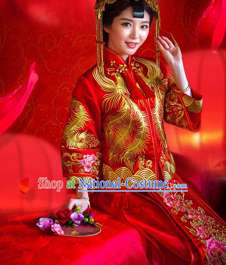 Traditional Chinese Wedding Costume Xiuhe Wedding Red Clothing Longfeng Flown, Ancient Chinese Bride Toast Embroidered Dragon and Phoenix Dress for Women