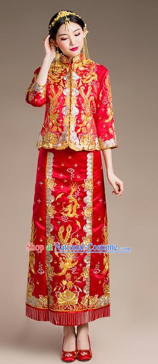 Traditional Chinese Wedding Costume Xiuhe Wedding Clothing Longfeng Flown, Ancient Chinese Bride Toast Hand Embroidered Dragon and Phoenix Slim Beading Cheongsam for Women