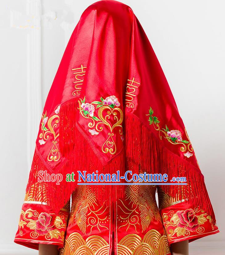 Traditional Chinese Wedding Costume Xiuhe Red Bridal Veil, Ancient Chinese Bride Embroidered Peony Tassel Red Head Cover for Women