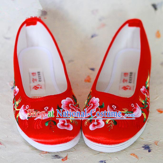 Traditional Chinese Wedding Shoes Xiuhe Red Shoes, Ancient Chinese Bride Embroidered Cloth Shoes for Women