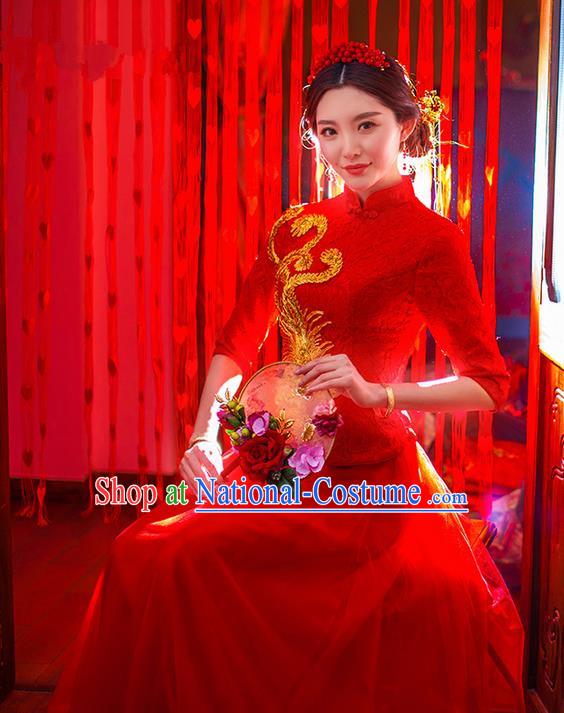 Traditional Chinese Wedding Costume Xiuhe Wedding Red Clothing Longfeng Flown, Ancient Chinese Bride Toast Embroidered Dragon and Phoenix Lace Cheongsam Dress for Women